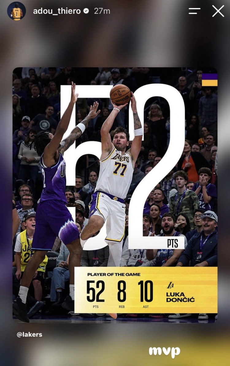 这么打有戏!蒂耶罗转发东契奇单场52+8+10数据海报并配文:MVP 这么打有戏!蒂耶罗转发东契奇单场52+8+10数据海报并配文:MVP
